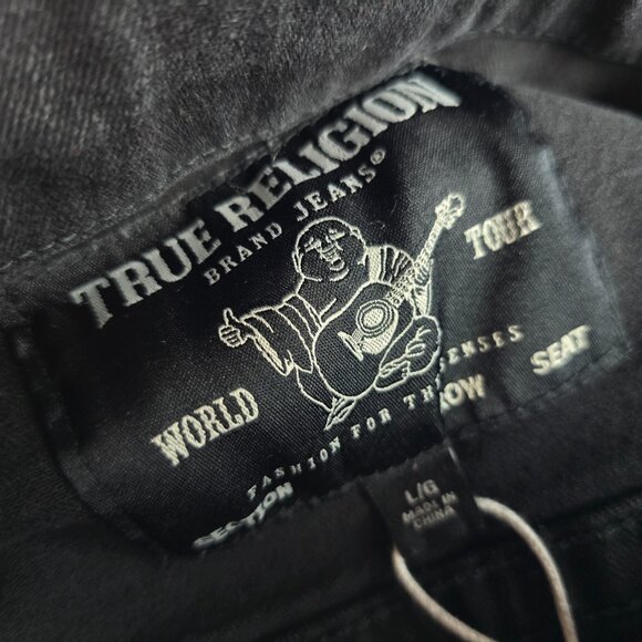 True Religion Jacket Mens Large Black Denim Trucker Casual Rocker Grunge Stretch - Picture 10 of 11